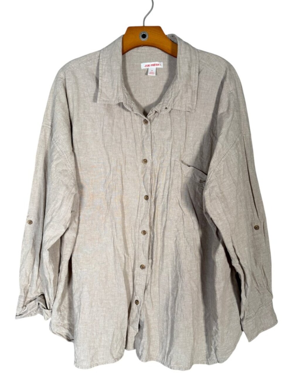 Joe Fresh Linen Cotton Blend Long Sleeve Button Down Shirt Neutral Beachy 3X